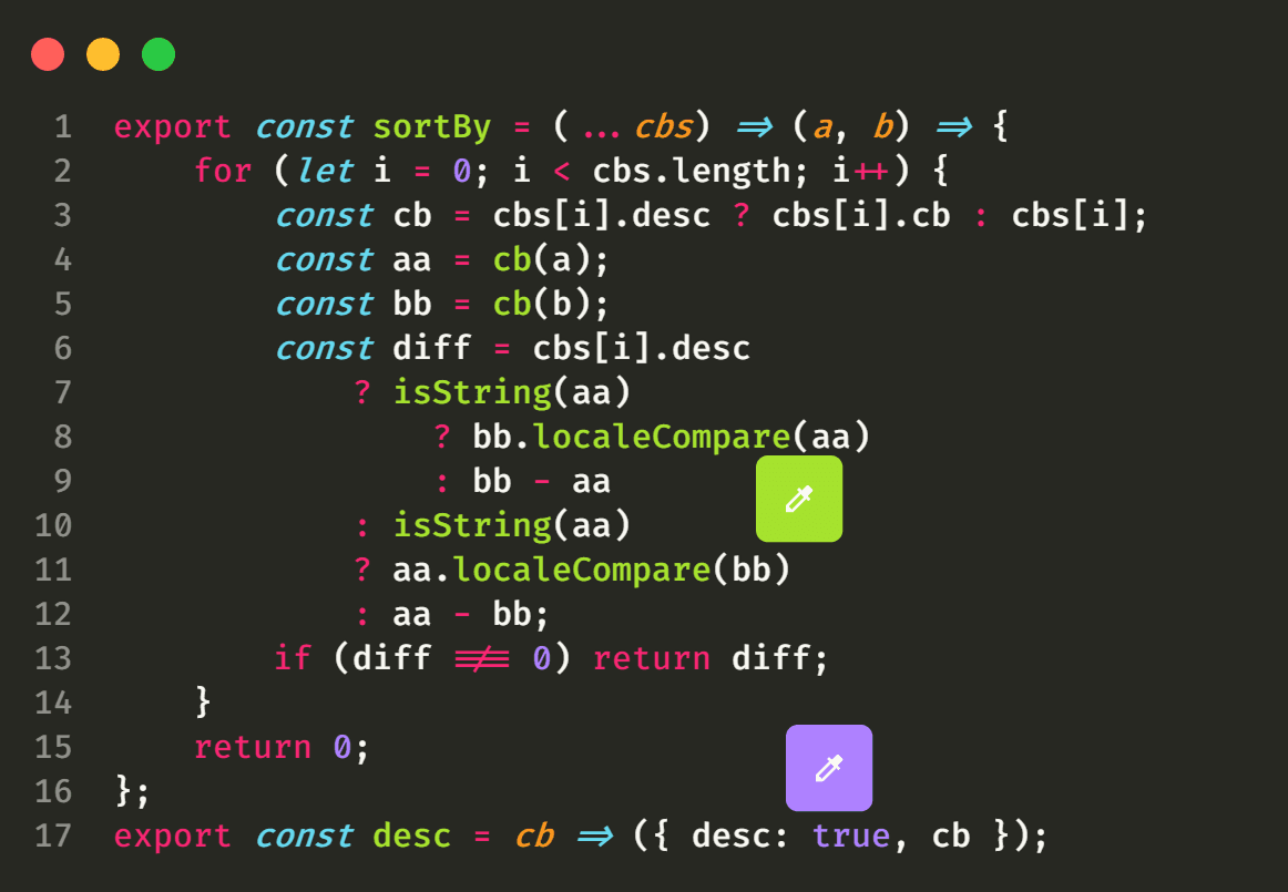 A code editor screenshot, the syntax colours picked straight from it became the sprintworks palette.