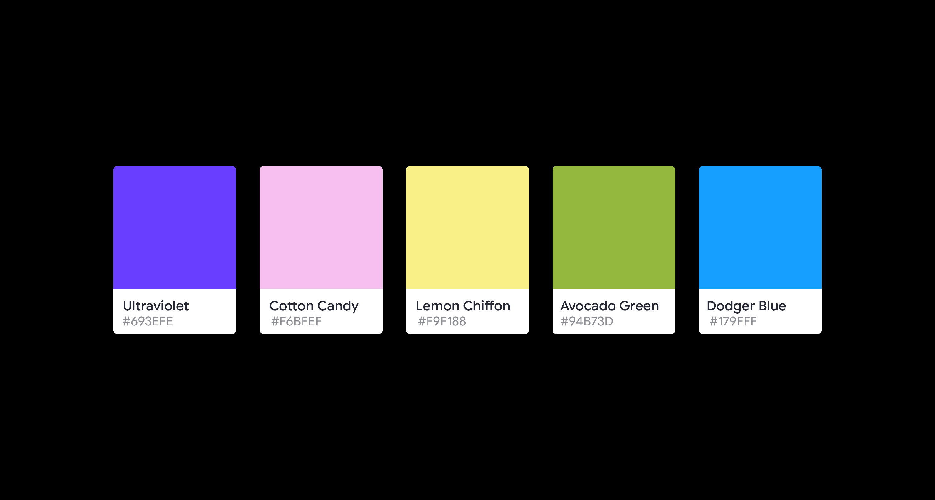 Five brand colour swatches on a black background: Ultraviolet (#693EFE), Cotton Candy (#F6BFEF), Lemon Chiffon (#F9F188), Avocado Green (#94B73D), and Dodger Blue (#179FFF).