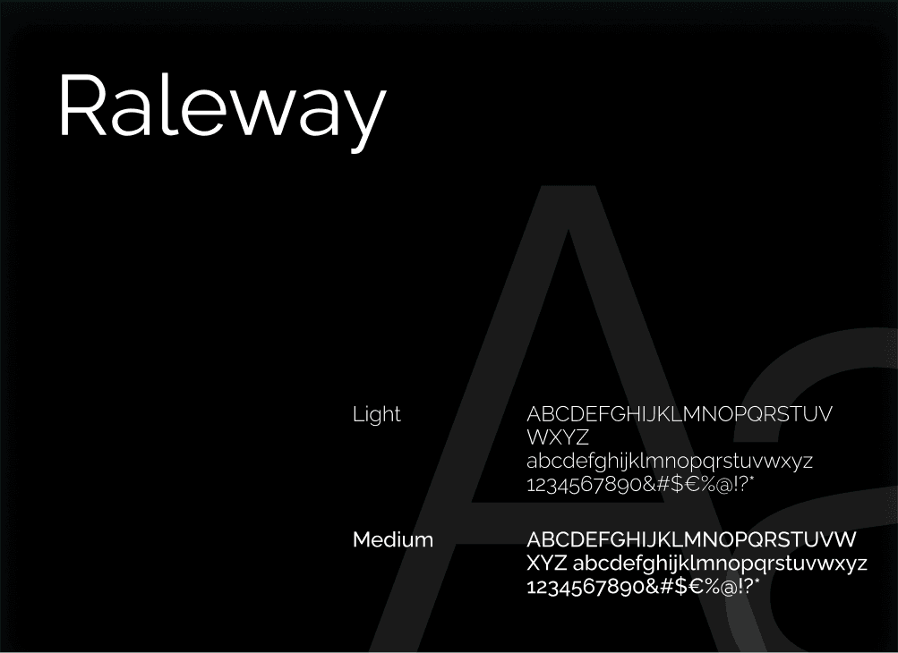 Raleway typeface specimen on black background showing Light and Medium weight samples with full alphabet, numerals, and a large watermark "A".