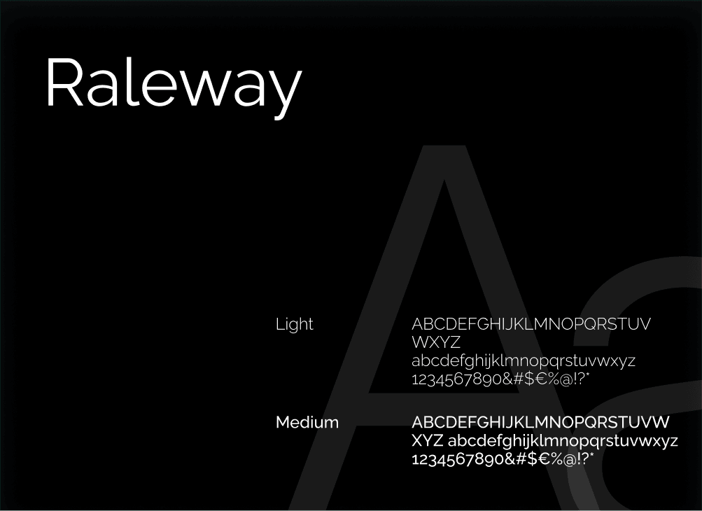 Raleway typeface specimen on black background showing Light and Medium weight samples with full alphabet, numerals, and a large watermark "A".