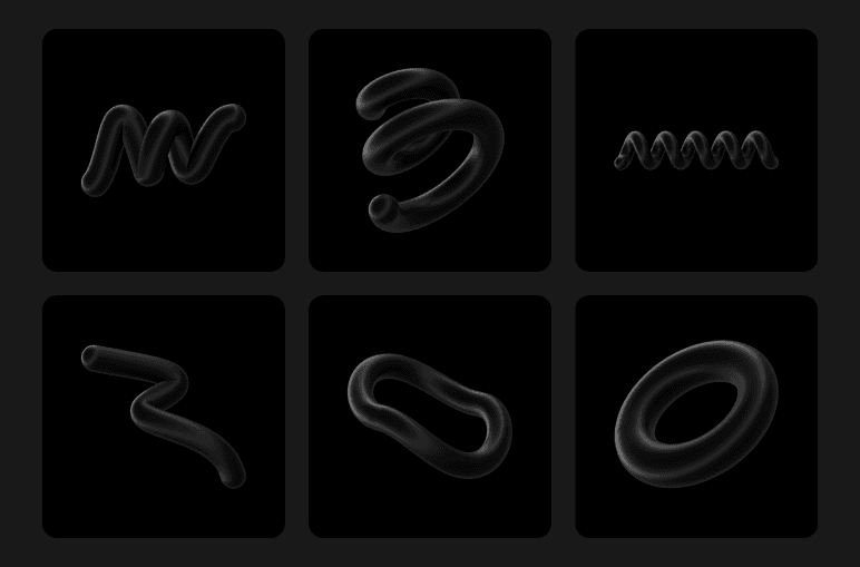 six glossy black 3D sculptural forms: a double wave, a coiled spiral, a zigzag spring, a lightning bolt shape, a pill loop, and an open torus ring.