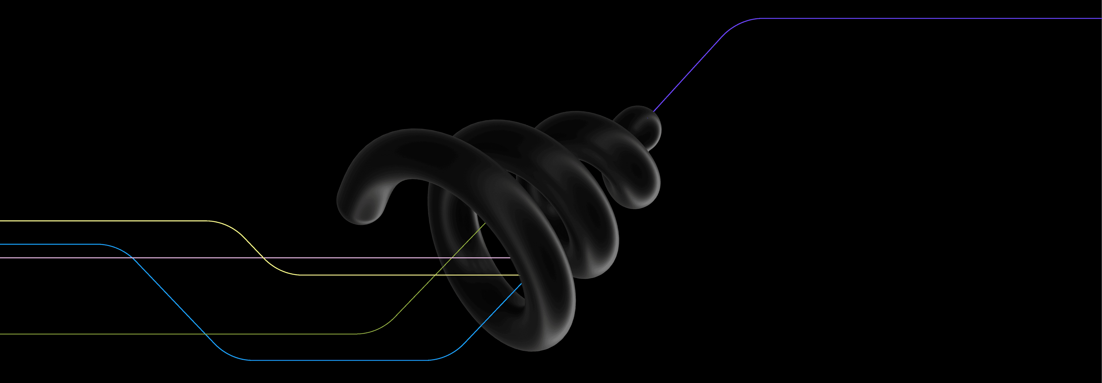 A dark 3D spiral form on black, with blue, white, and yellow-green lines threading through it from left to right — visualising the transformation from complexity to clarity.
