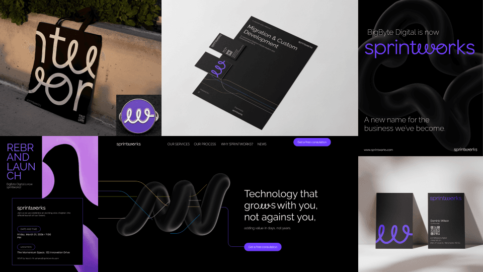 brand overview showing the sprintworks identity applied across a tote bag, stationery, social announcement graphic, launch poster, website homepage, and business cards.