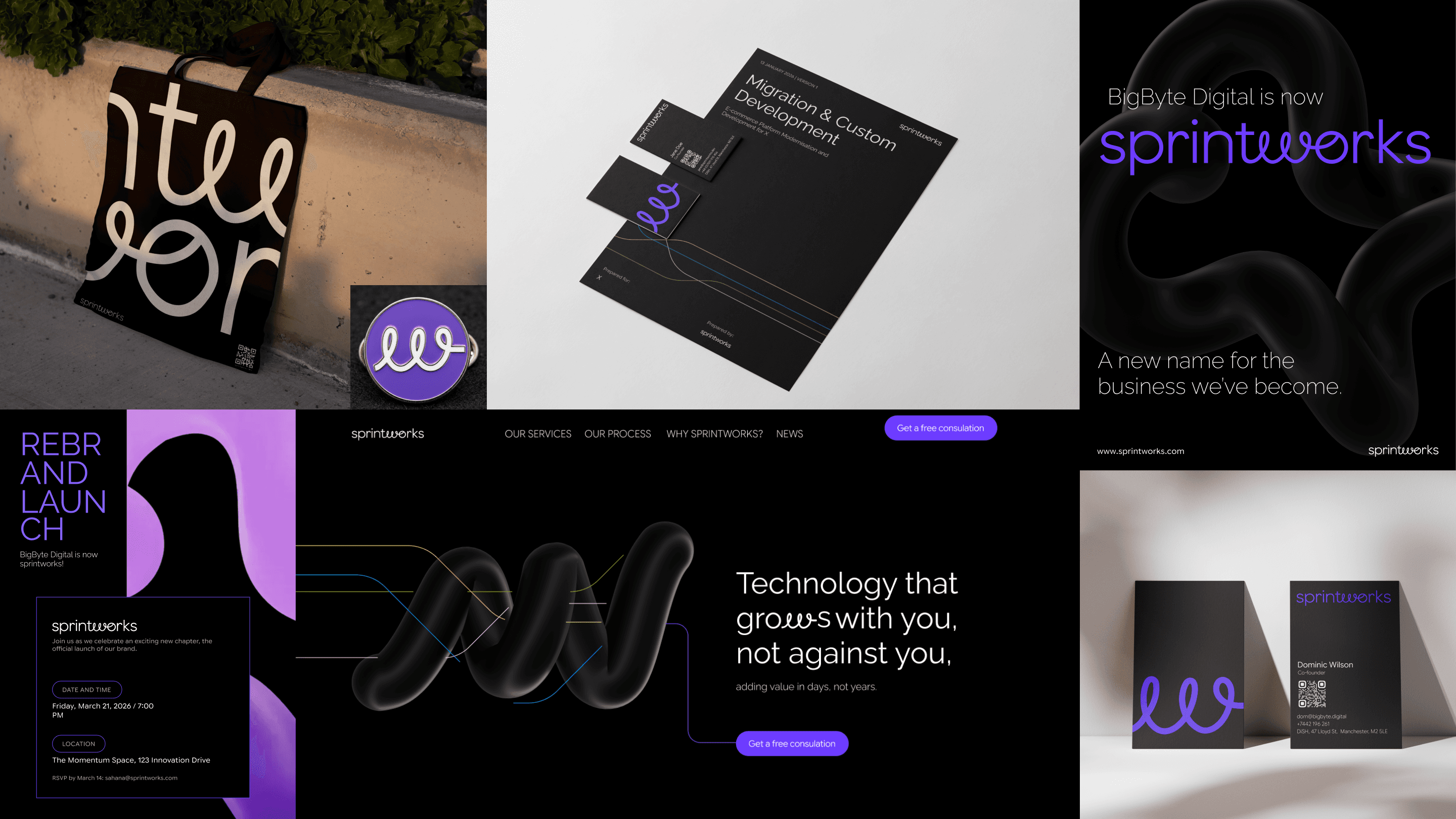 Six-panel brand overview showing the sprintworks identity applied across a tote bag, stationery, social announcement graphic, launch poster, website homepage, and business cards.
