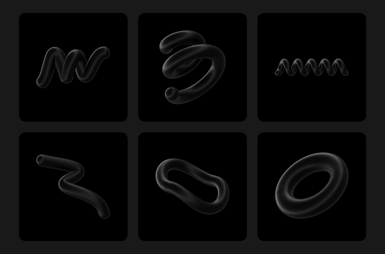 six glossy black 3D sculptural forms: a double wave, a coiled spiral, a zigzag spring, a lightning bolt shape, a pill loop, and an open torus ring.