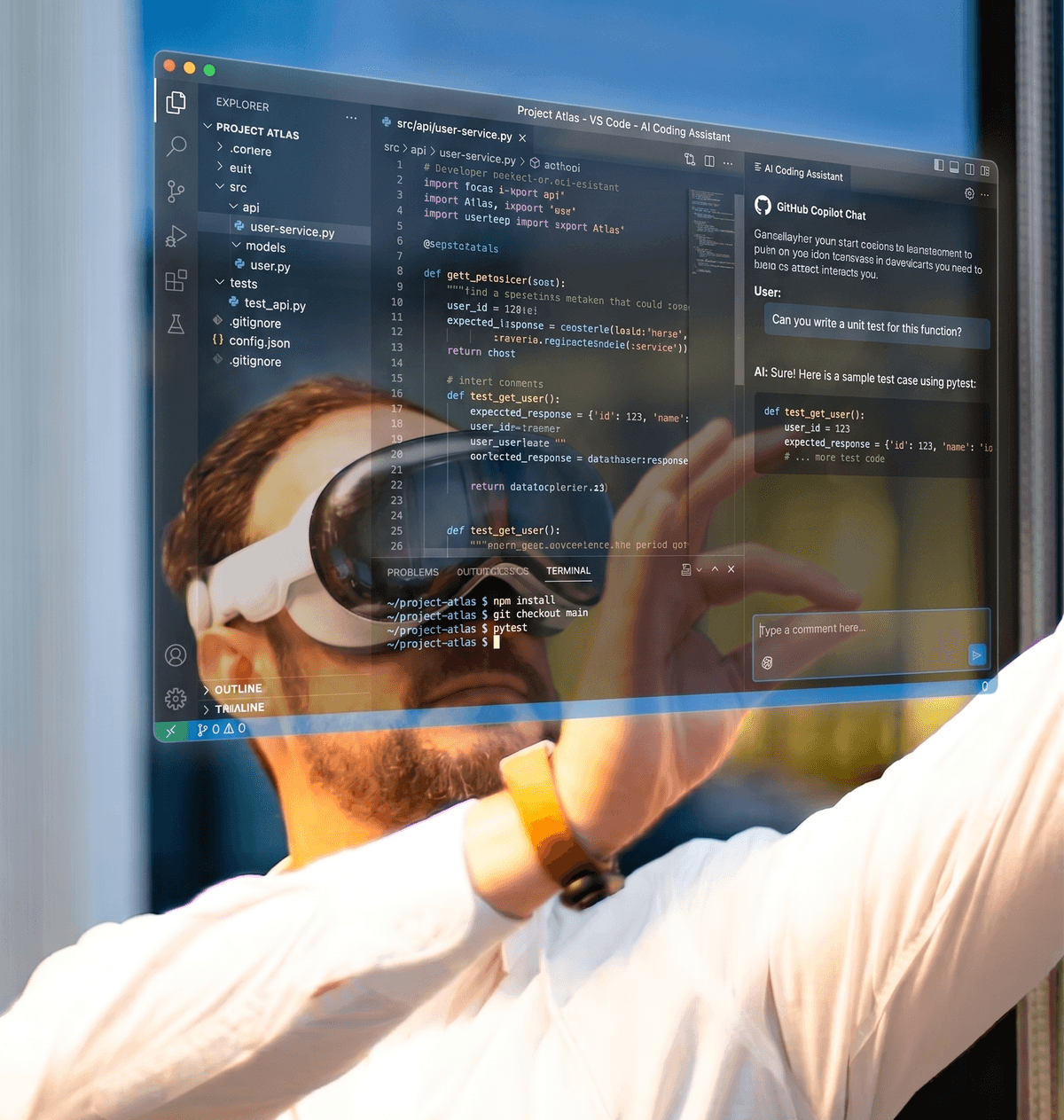 Developer wearing Apple Vision Pro with augmented reality copilot