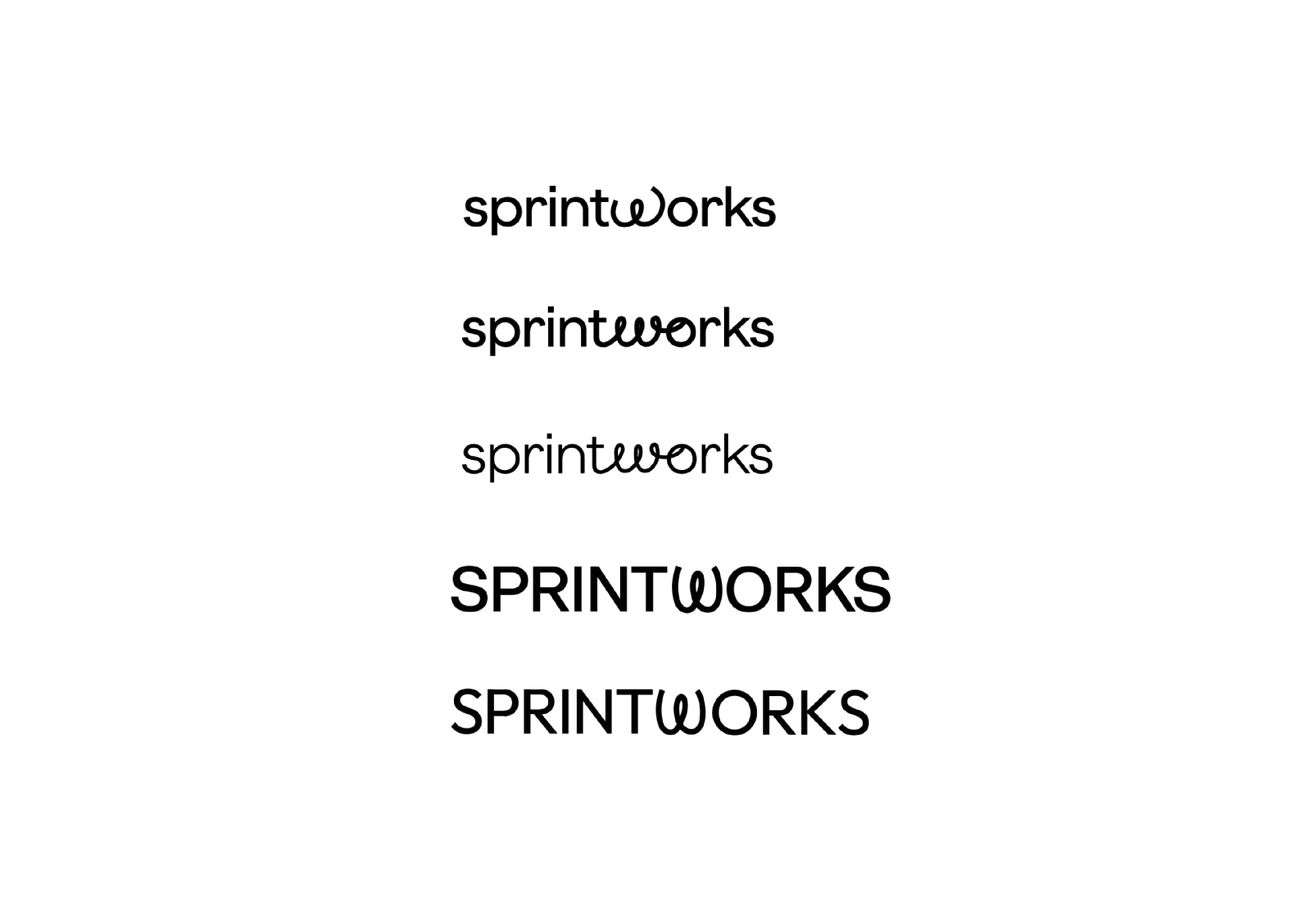 Wordmark explorations for sprintworks, testing how a spring or loop form embedded in the "w" could carry the brand concept within the lettering itself.
