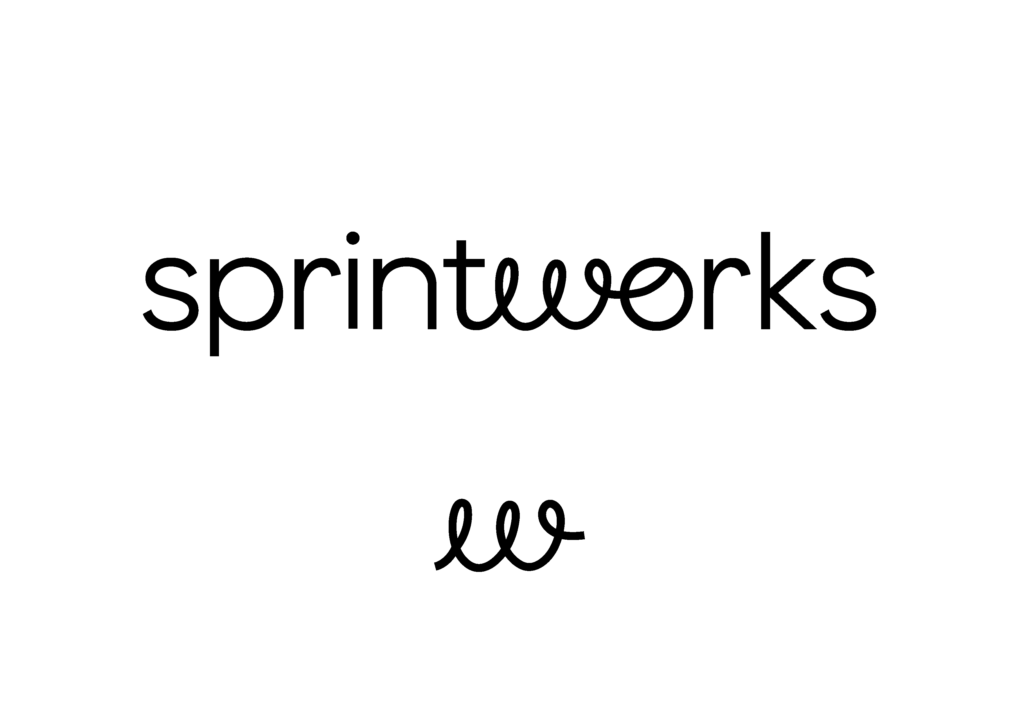 The final sprintworks wordmark featuring a custom looping "w" letterform, shown alongside the isolated "w" logo below.